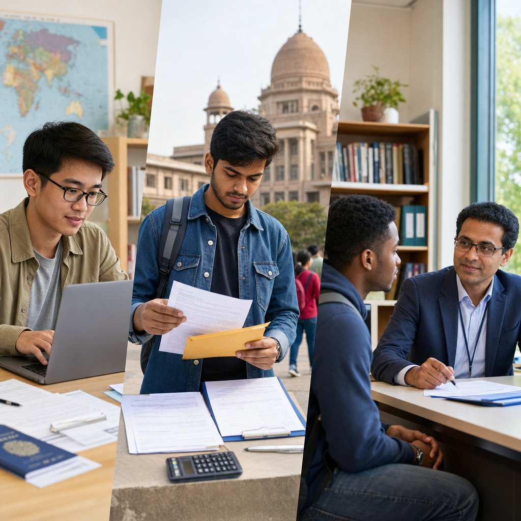 Infographic — "3 Admission Routes for International Students in India" showing SII Portal, DASA, and Direct Application side by side