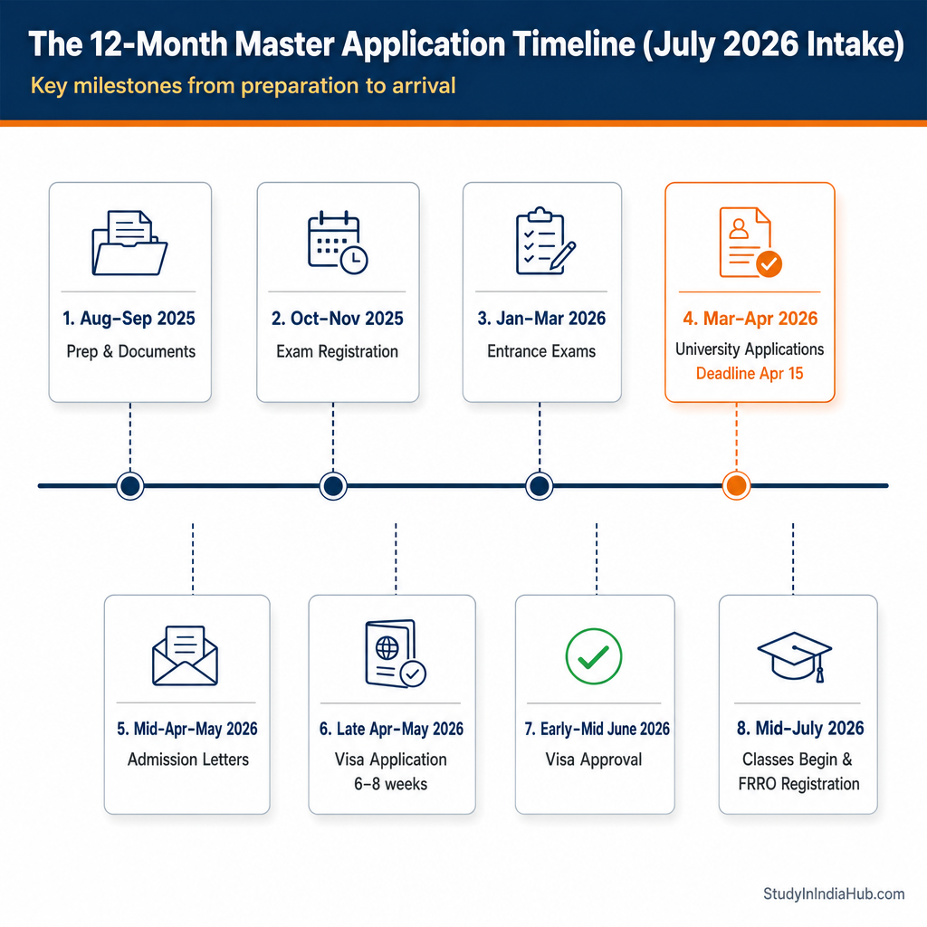 StudyInIndiaHub.com — The 12-Month Master Application Timeline (July 2026 Intake)