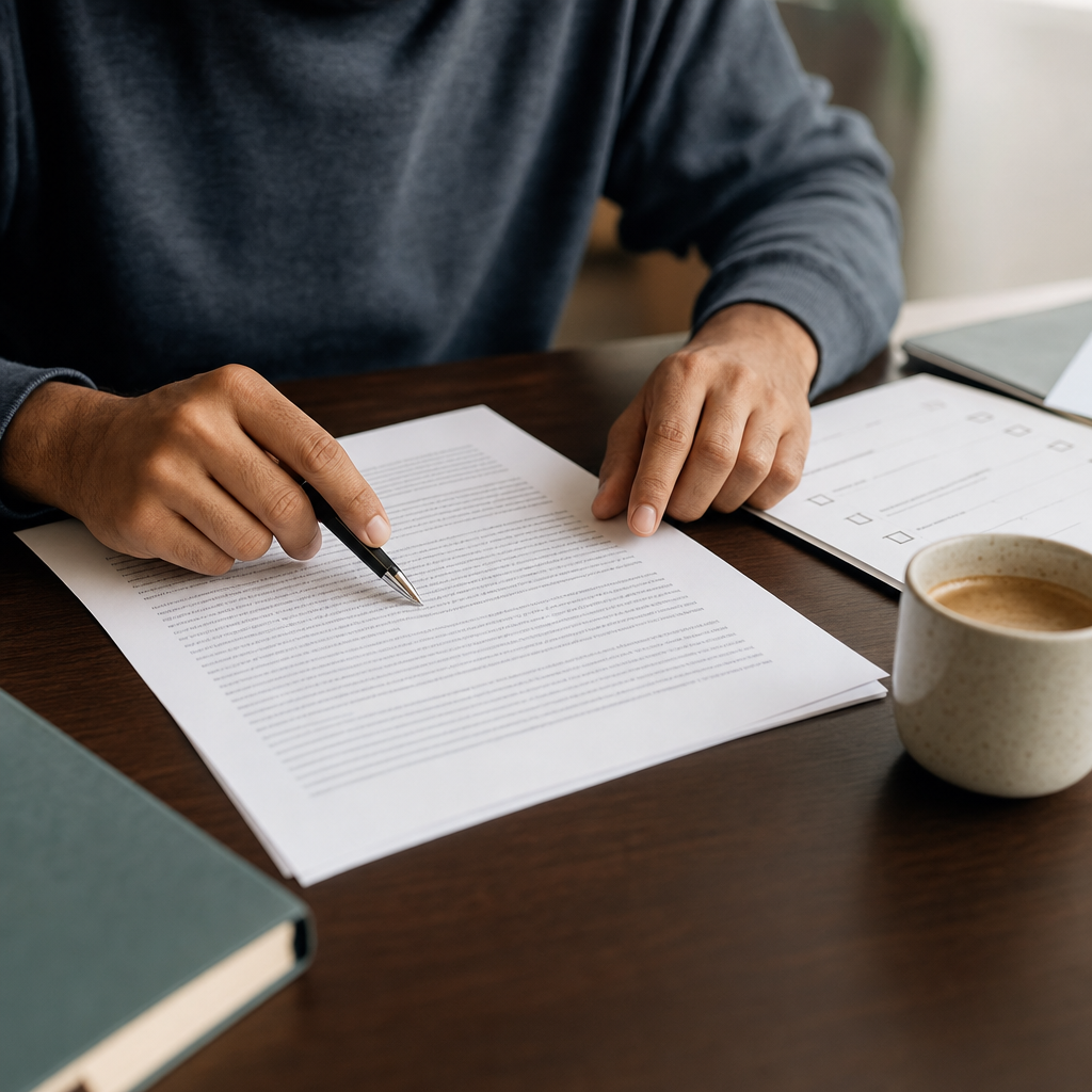 A close-up of hands proofreading a printed SOP aloud with a coffee cup and submission checklist nearby. Alt text: "Final proofreading of an SOP before submitting to an Indian university."