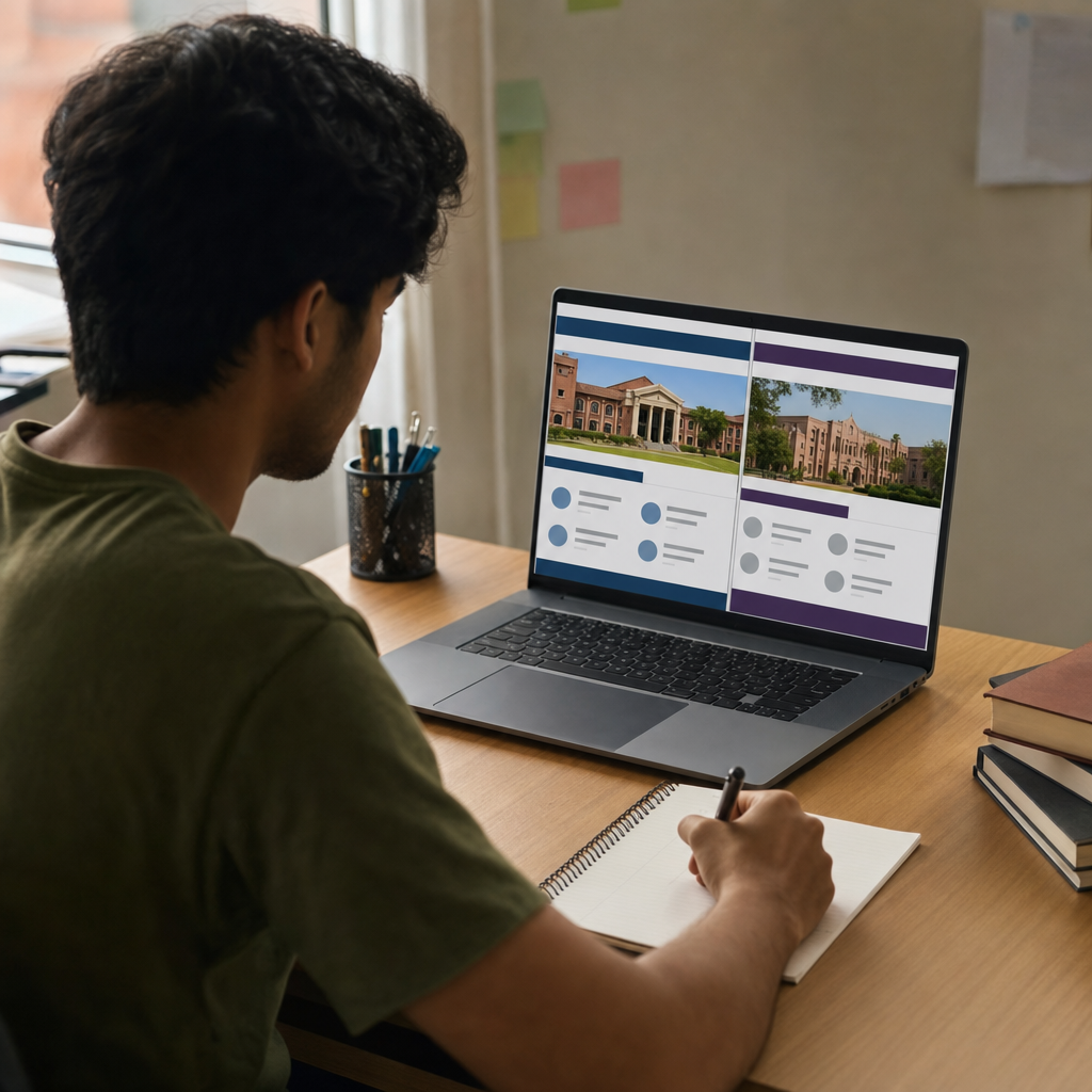 A student at a desk comparing two university program pages on a laptop while jotting faculty names in a notebook. Alt text: "Researching Indian university programs and faculty before writing an SOP."