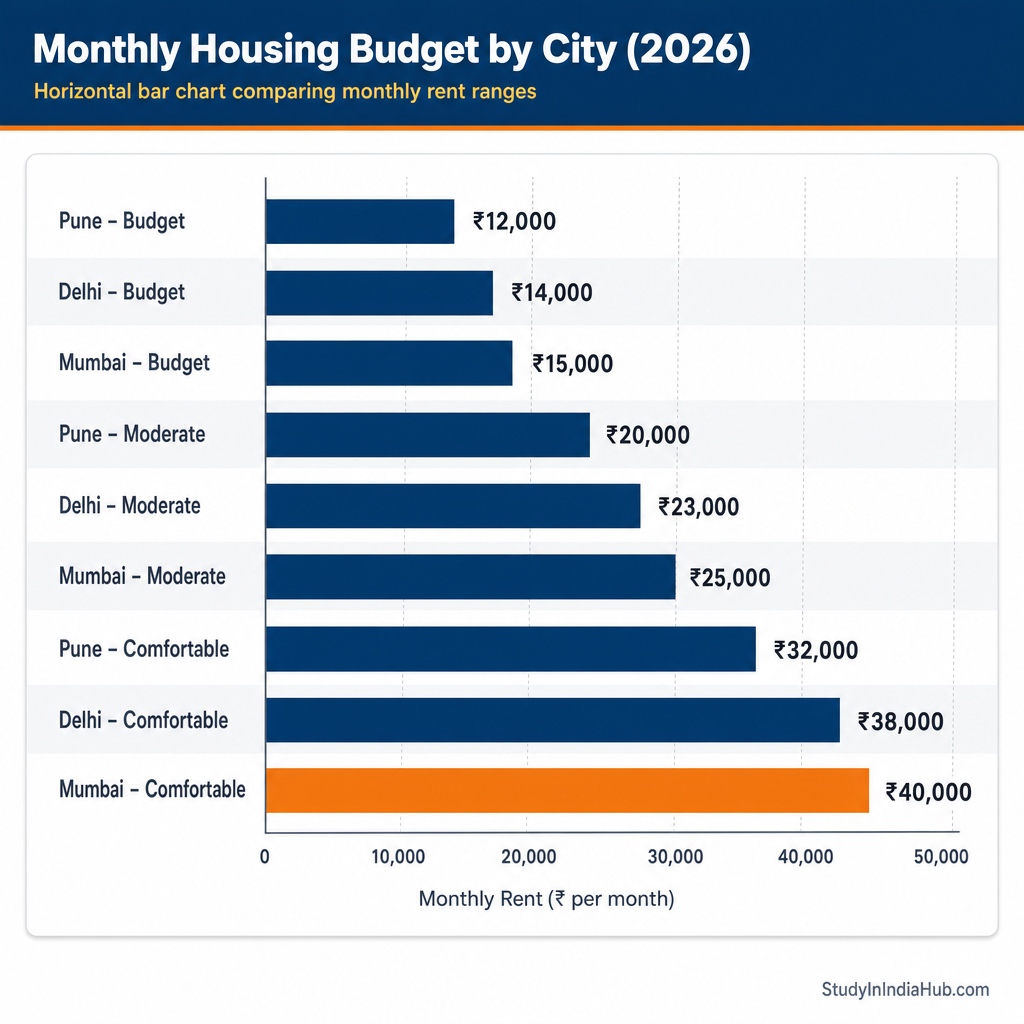 StudyInIndiaHub.com — Monthly Housing Budget by City (2026)