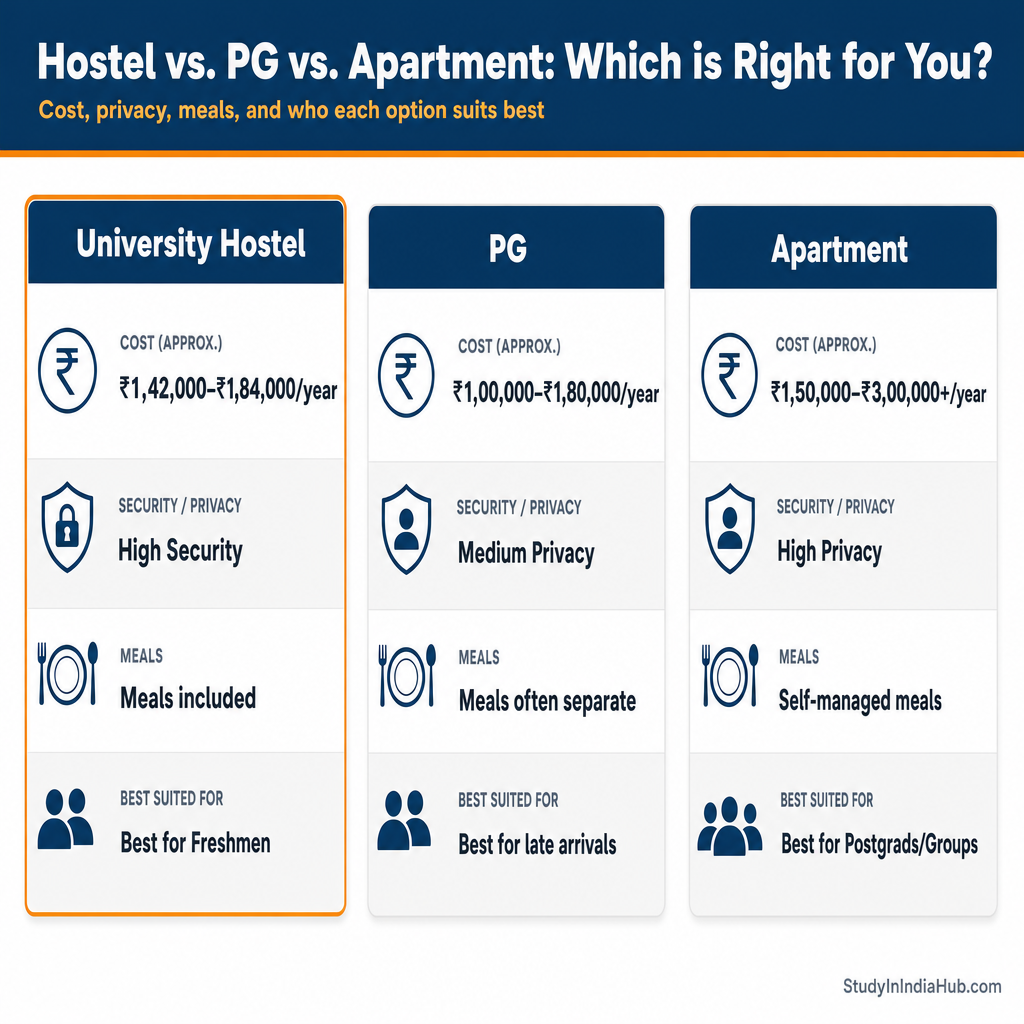 StudyInIndiaHub.com — Hostel vs. PG vs. Apartment: Which is Right for You?