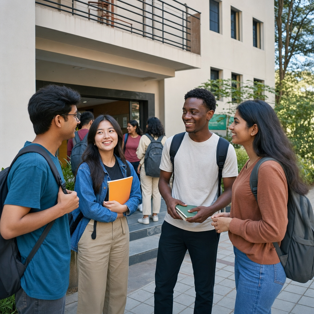 Hero image — international students outside a university hostel in Pune